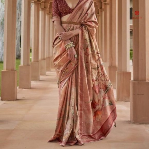 Flamingo Pink Floral Printed Linen Silk Saree - Picture 2 of 2